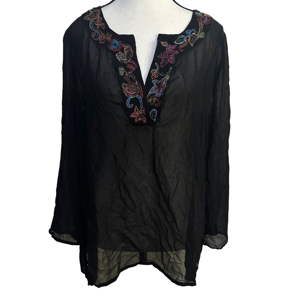 Chico's 100% Silk Sheer Embroidered Tunic Top Size 2 L Black Boho Light Layering